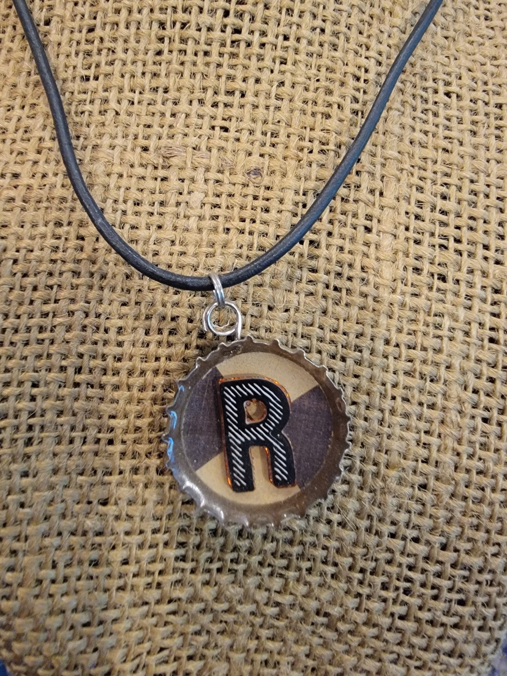 Monogram 'R' Halloween Black Checkered Bottle Cap Pendant Necklace